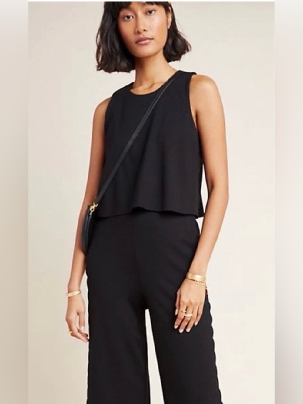 Anthropologie Black Sleeveless Scalloped Cropped Wide-Leg Jumpsuit-Size 2